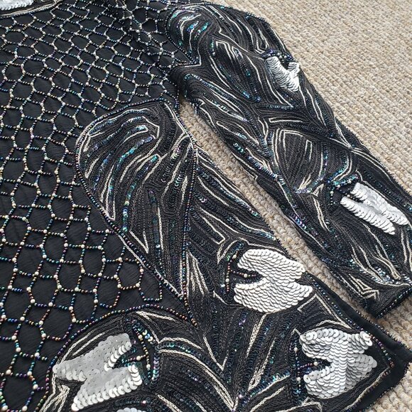 Heavily Beaded Sequined Silk Blouse Women's Small Black - Picture 15 of 16